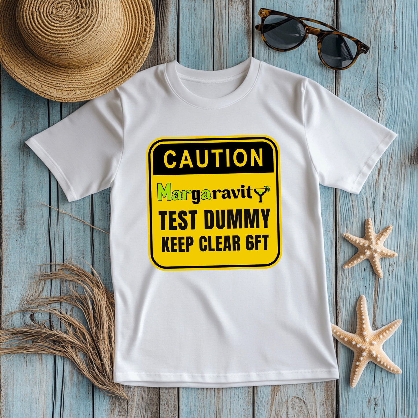 Caution Margaravity Test Dummy, Unisex Jersey T-Shirt in White