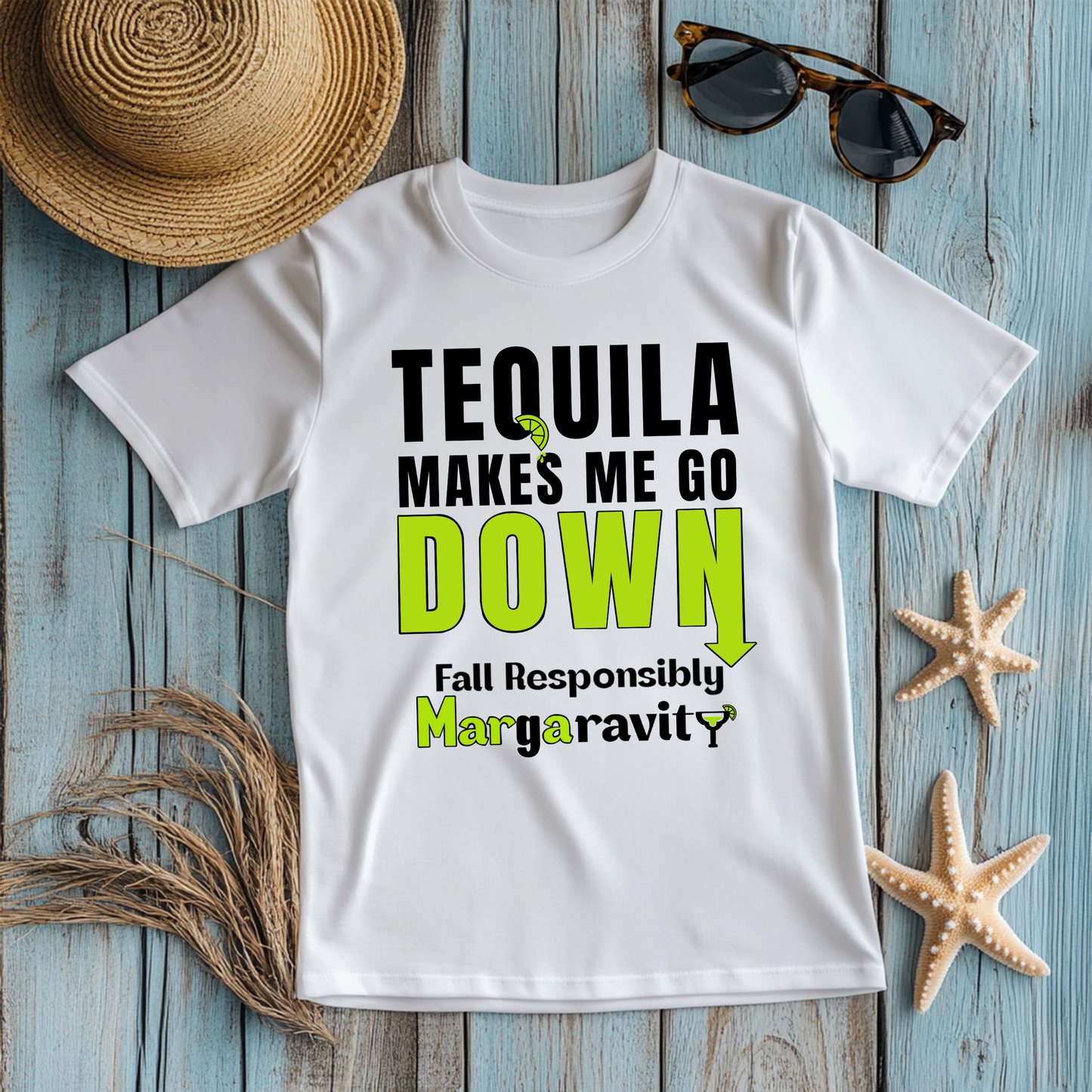 Tequila Makes me Go Down, Unisex Jersey T-Shirt in White