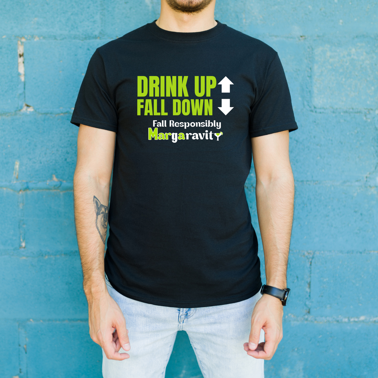 Drink Up Fall Down, Unisex Jersey T-Shirt in Black