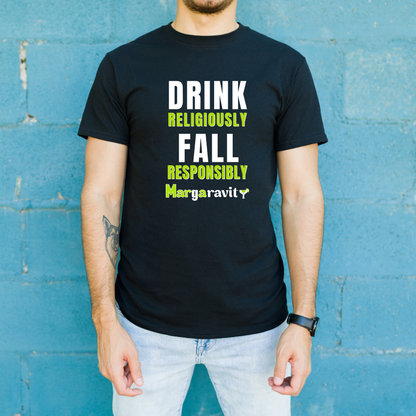 Drink Religiously Fall Responsibly, Unisex Jersey T-Shirt in Black