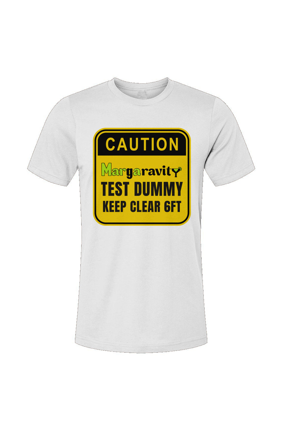 Caution Margaravity Test Dummy, Unisex Jersey T-Shirt in White